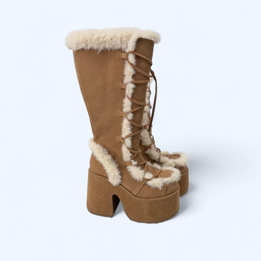 Faux Fur Trim Vegan Suede Lace Up Chunky Block Heel Platform Knee High Boots